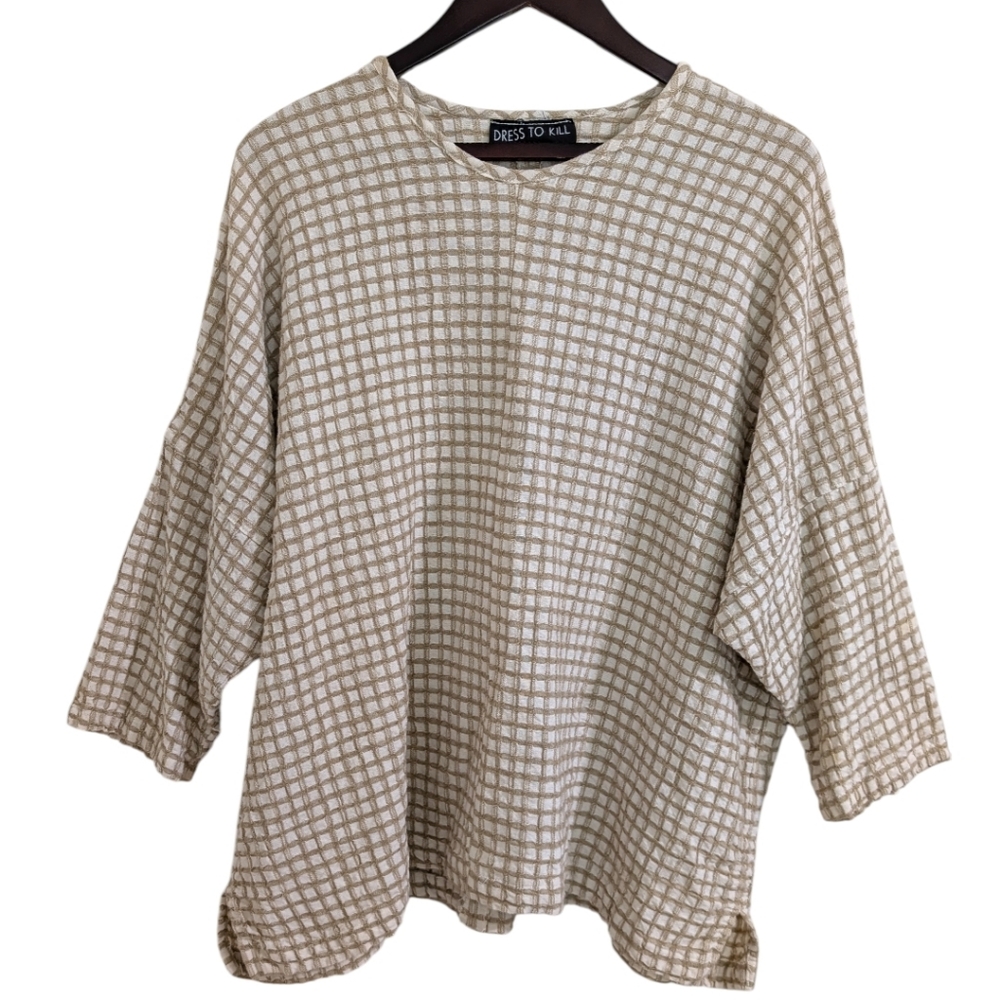 Dress to Kill 100% Linen Boxy Top Tan White Check Plaid Lagenlook Size 1 S/M